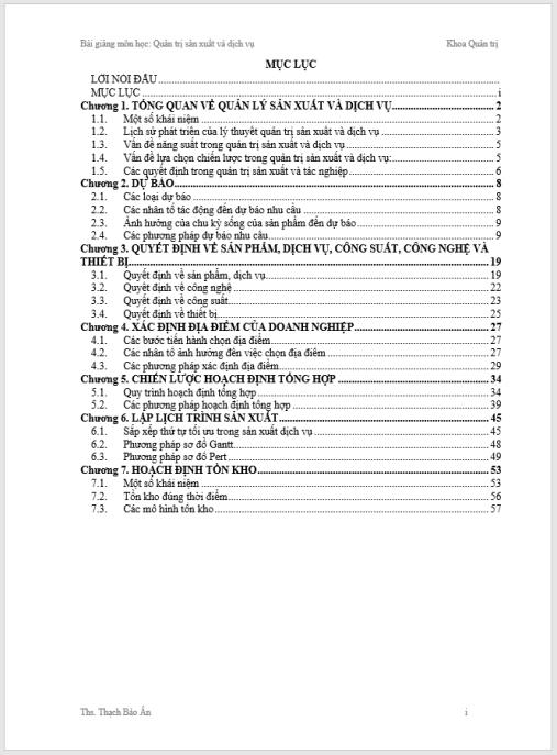 Tài liệu số Bài giảng môn học: Quản trị sản xuất và dịch vụ