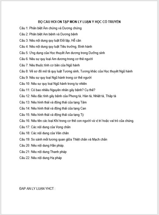 Tài liệu số Bộ câu hỏi ôn tập môn Lý luận Y học cổ truyền có đáp án