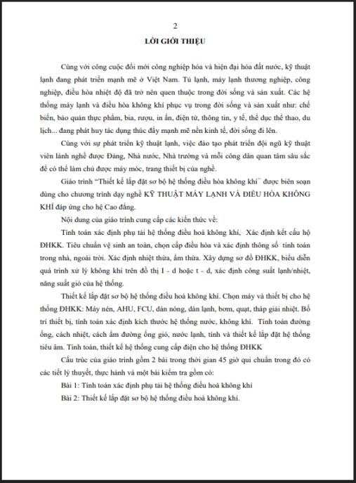 Tài liệu số Giáo trình Thiết kế lắp đặt sơ bộ hệ thống điều hòa không khí