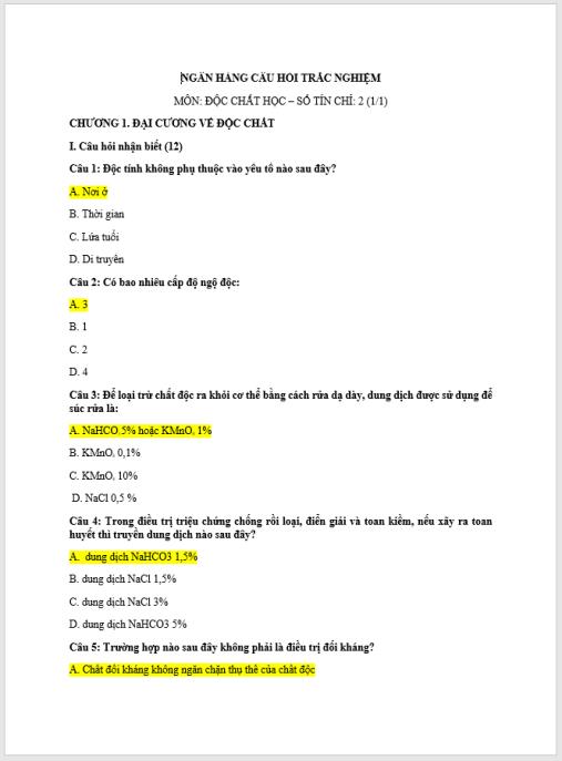 Tài liệu số Ngân hàng câu hỏi trắc nghiệm Độc chất học